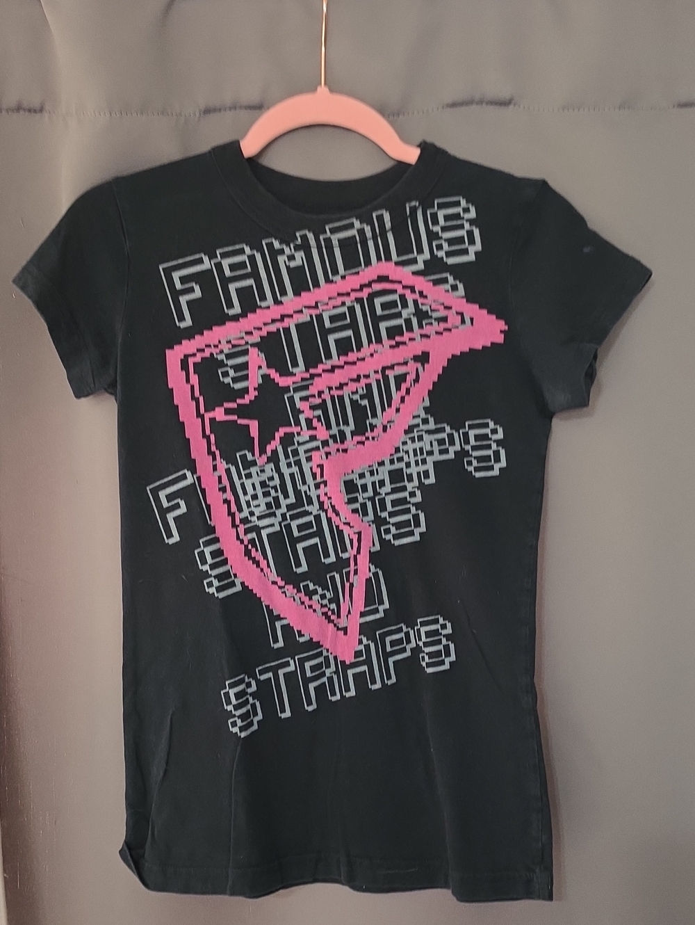 Almost Famous Black Tee with Hot Pink Pixel Shield Graphic